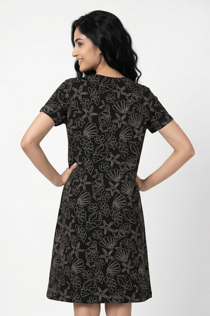 Zivame Sea Shell Knit Cotton Knee Length Nightdress - Black Beauty — image 3